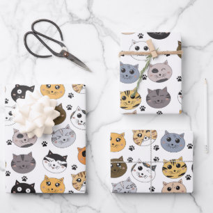Colourful Cute Funny Cats & Paw Pattern Wrapping Paper Sheet