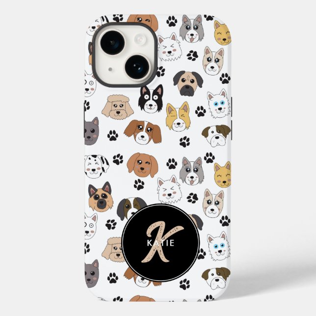 Colourful Cute Funny Dogs & Dog Paw Monogram Case-Mate iPhone Case (Back)