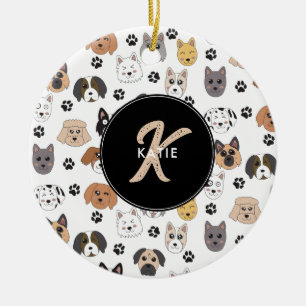 Colourful Cute Funny Dogs & Dog Paw Monogram Ceramic Ornament