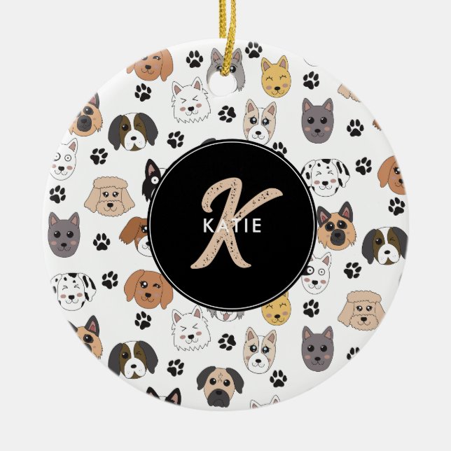 Colourful Cute Funny Dogs & Dog Paw Monogram Ceramic Ornament (Front)