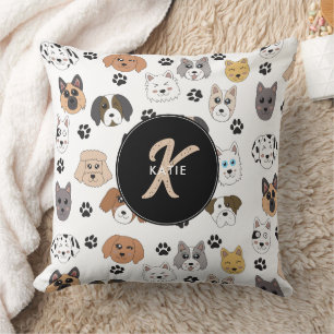 Colourful Cute Funny Dogs & Dog Paw Monogram Cushion