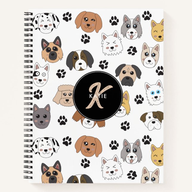 Colourful Cute Funny Dogs & Dog Paw Monogram Notebook (Front)
