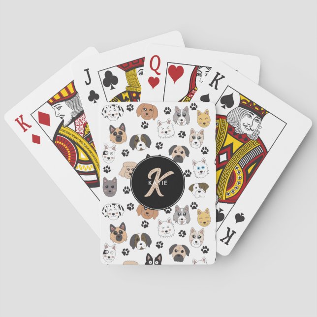 Colourful Cute Funny Dogs & Dog Paw Monogram Playing Cards (Back)