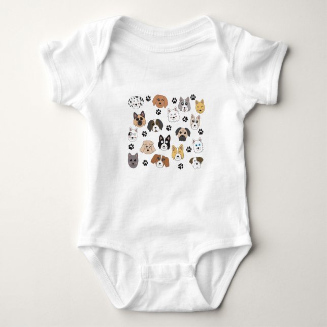 Colourful Cute Funny Dogs & Dog Paw Pattern Baby Bodysuit (Front)