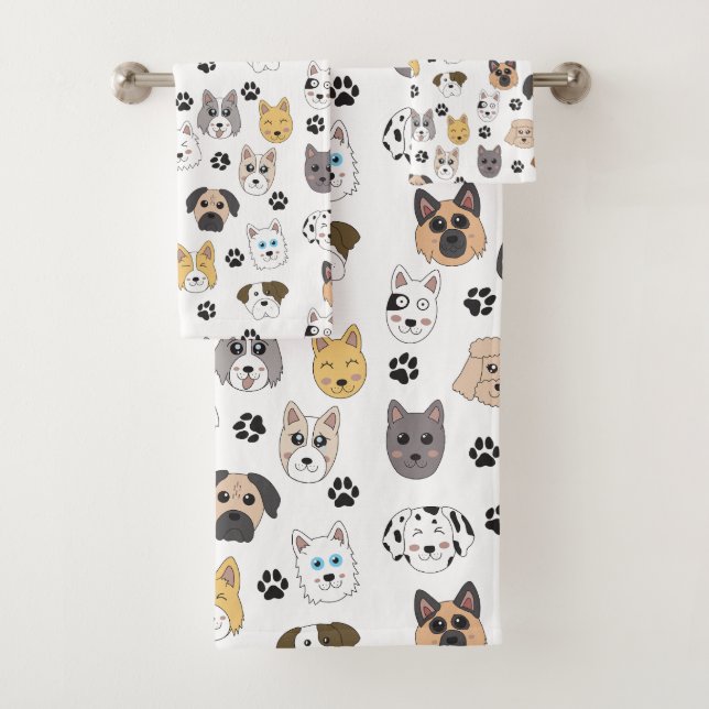 Colourful Cute Funny Dogs & Dog Paw Pattern Bath Towel Set (Insitu)