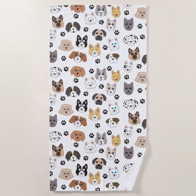 Colourful Cute Funny Dogs & Dog Paw Pattern Beach Towel (Front)