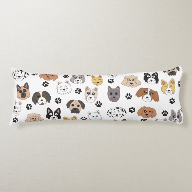 Colourful Cute Funny Dogs & Dog Paw Pattern Body Cushion (Front)