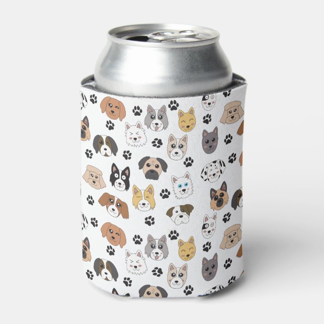 Colourful Cute Funny Dogs & Dog Paw Pattern Can Cooler (Can Front)