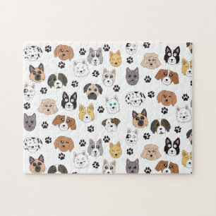Colourful Cute Funny Dogs & Dog Paw Pattern Jigsaw Puzzle