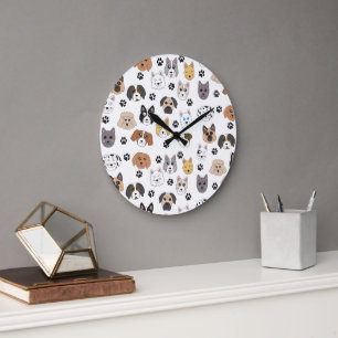 Colourful Cute Funny Dogs & Dog Paw Pattern Large Clock