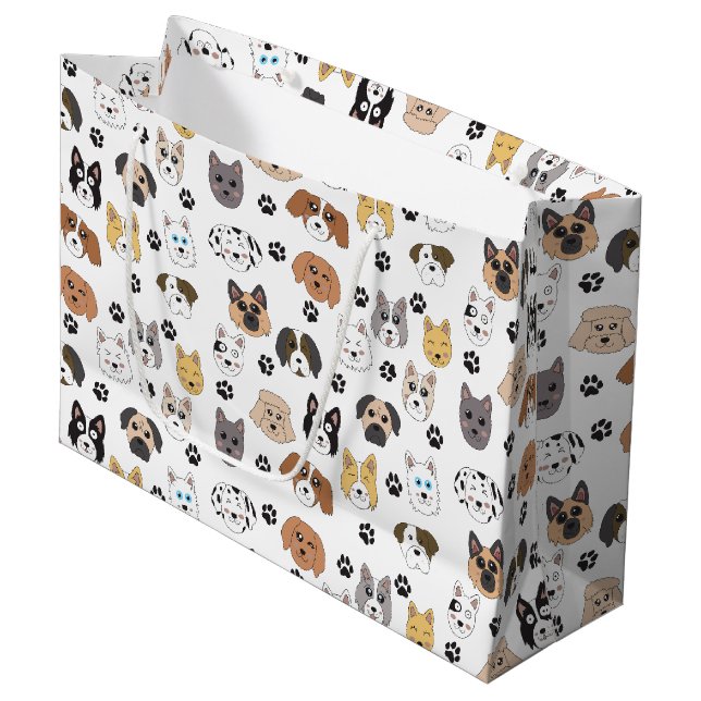 Colourful Cute Funny Dogs & Dog Paw Pattern Large Gift Bag (Front Angled)