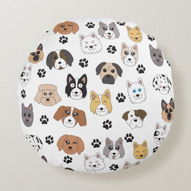 Colourful Cute Funny Dogs & Dog Paw Pattern Round Cushion (Front)