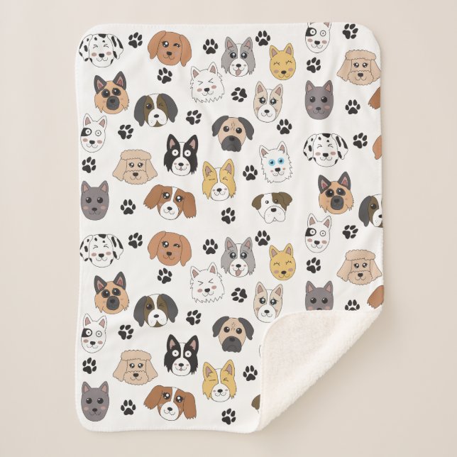 Colourful Cute Funny Dogs & Dog Paw Pattern Sherpa Blanket (Front)