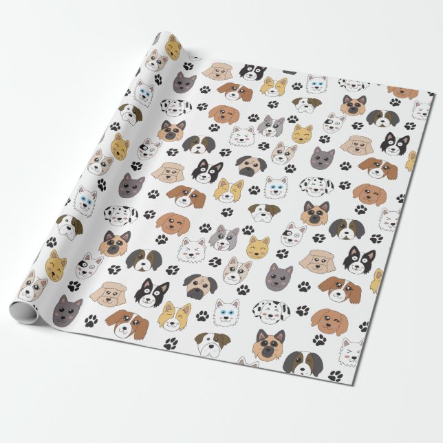 Colourful Cute Funny Dogs & Dog Paw Pattern Wrapping Paper (Unrolled)