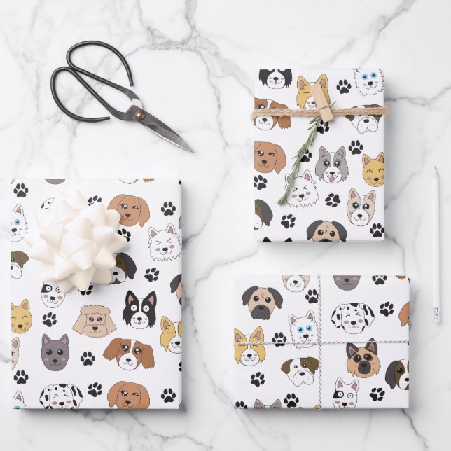 Colourful Cute Funny Dogs & Dog Paw Pattern Wrapping Paper Sheet (Front)