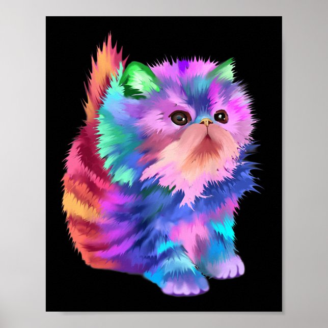 Colourful Cute Funny Rainbow Kitten Rave Psychedel Poster (Front)