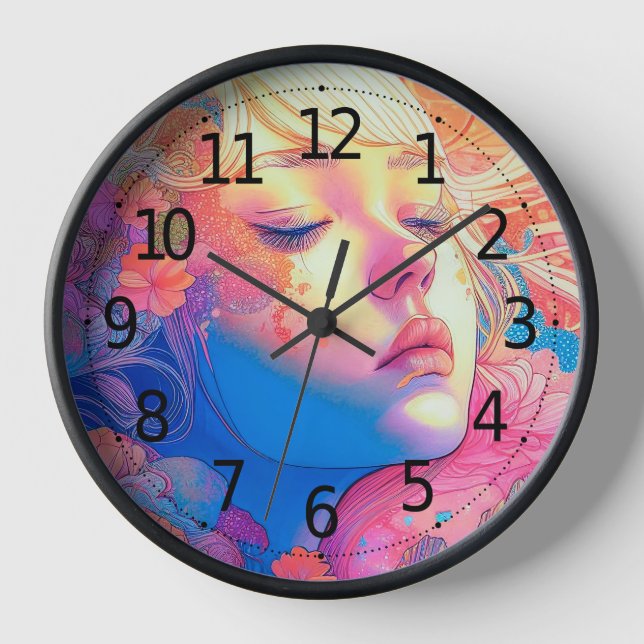 Colourful Cute Girl Surrounded by Flowers Artwork  Clock (Front)