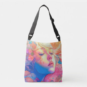 Colourful Cute Girl Surrounded by Flowers Artwork  Crossbody Bag