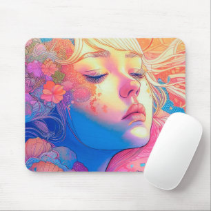 Colourful Cute Girl Surrounded by Flowers Artwork  Mouse Pad