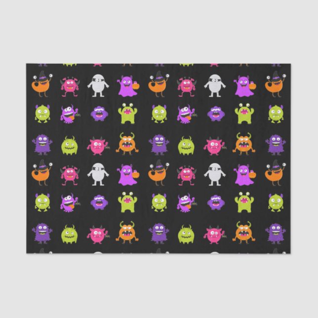 Colourful Cute Halloween Monsters on Black Tissue Paper (Front)