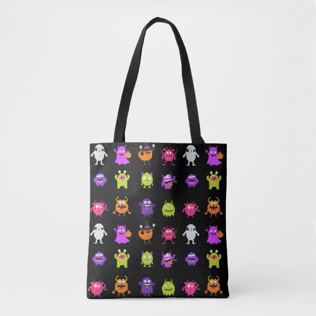 Colourful Cute Halloween Monsters on Black Tote Bag (Front)