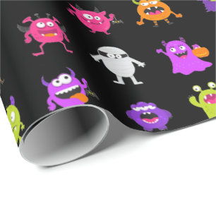 Colourful Cute Halloween Monsters on Black Wrapping Paper