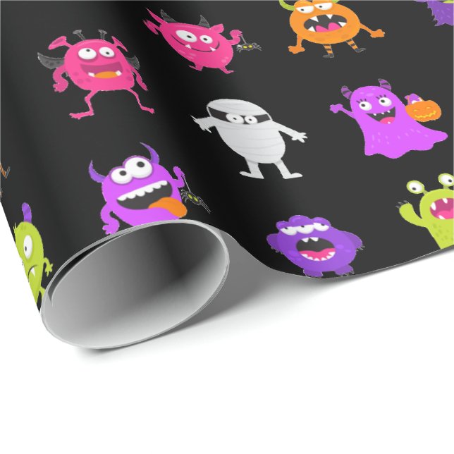 Colourful Cute Halloween Monsters on Black Wrapping Paper (Roll Corner)
