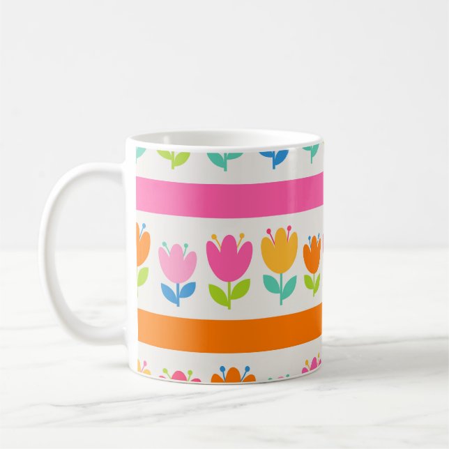 Colourful cute hand drawn tulips seamless pattern  coffee mug (Left)
