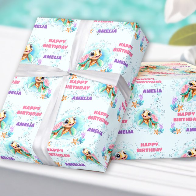 Colourful Cute Happy Sea Turtle Name 1st Birthday  Wrapping Paper (Colorful Cute Happy Sea Turtle Name 1st Birthday Wrapping Paper)