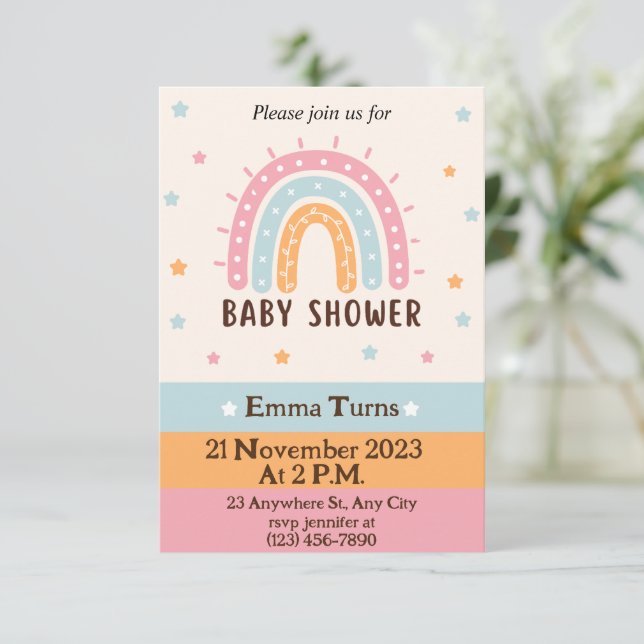 Colourful Cute Illustrated Boho Rainbow Baby Showe Invitation (Standing Front)