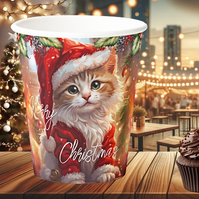 Colourful Cute Kitten Christmas Paper Cups (Paper cup featuring a cute kitten in a festive Christmas outfit)