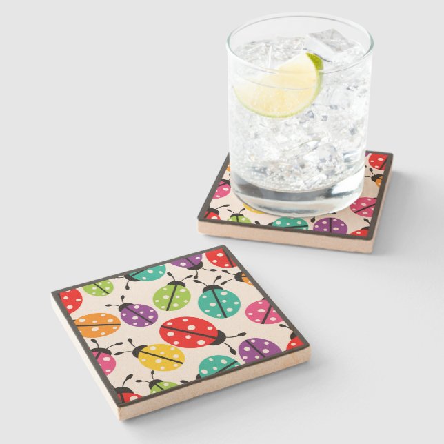 Colourful Cute Lady Bug Seamless Pattern Stone Coaster (Side)