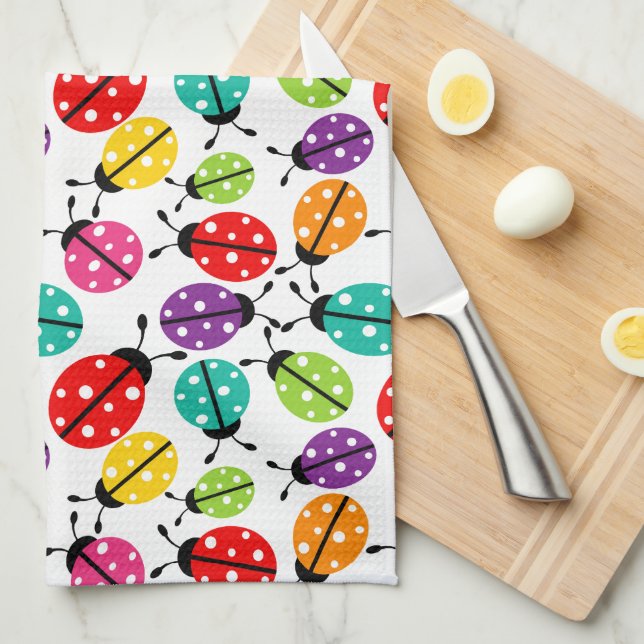 Colourful Cute Lady Bug Seamless Pattern Tea Towel (Quarter Fold)