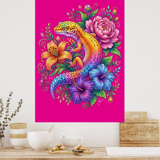 Colourful Cute Leopard Gecko Flowers Rainbow Poster (Kitchen)
