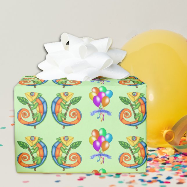 Colourful Cute Lizards Bunches Balloons Birthday Wrapping Paper (Fun colourful lizards bunches of bright balloons on light green roll of happy Birthday gift paper.)