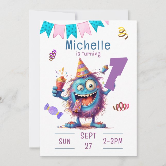 Colourful Cute Monster One Year Birthday Invitatio Invitation (Front)