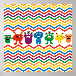 Colourful Cute Monsters Fun Chevron Striped Patter Poster