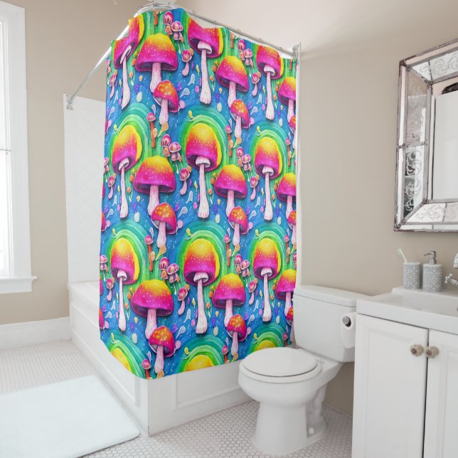 Colourful Cute Mushroom Seamless Pattern Shower Curtain (In Situ)