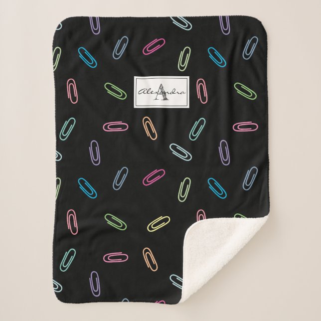 Colourful Cute Pastel Paper Clips Pattern Monogram Sherpa Blanket (Front)