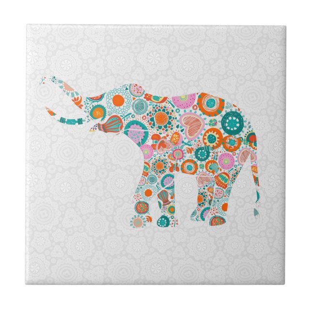 Colourful Cute Retro Floral Elephant 4 Ceramic Tile (Front)