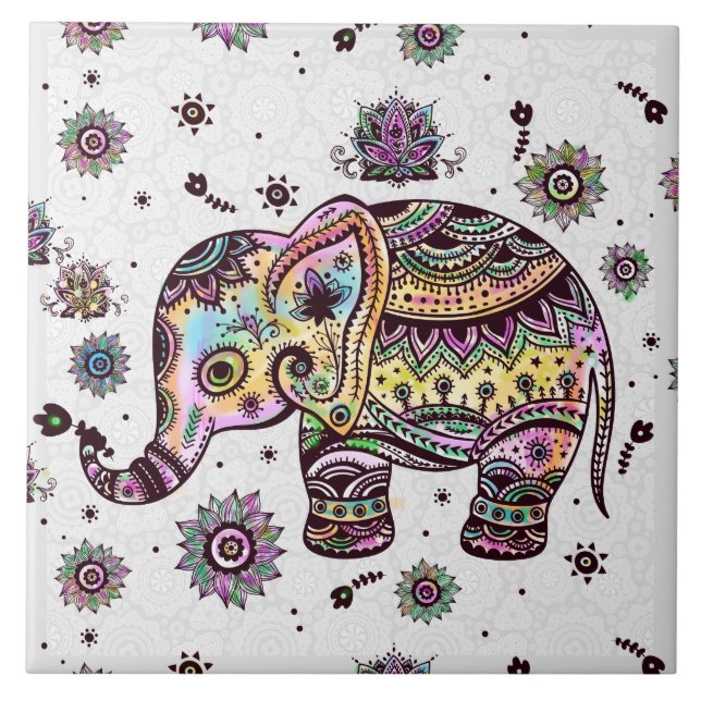 Colourful Cute Retro Floral Elephant Ceramic Tile (Front)
