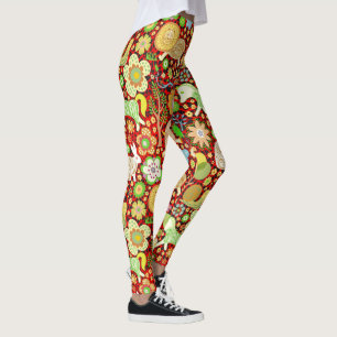 Colourful Cute Retro Flowers & Animals Pattern Leggings