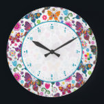 Colourful Cute Retro Flowers & Butterflies Pattern Large Clock<br><div class="desc">Colourful cute retro floors and butterflies seamless pattern.</div>