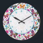 Colourful Cute Retro Flowers & Butterflies Pattern Large Clock<br><div class="desc">Colourful cute retro floors and butterflies seamless pattern.</div>