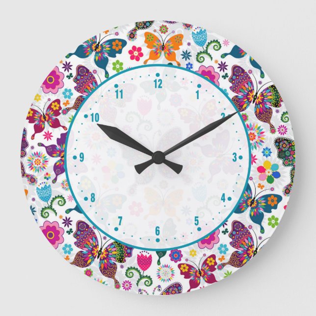 Colourful Cute Retro Flowers & Butterflies Pattern Large Clock (Front)