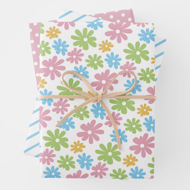 Colourful Cute Retro Spring Flower Art Pattern Wrapping Paper Sheet (In situ)