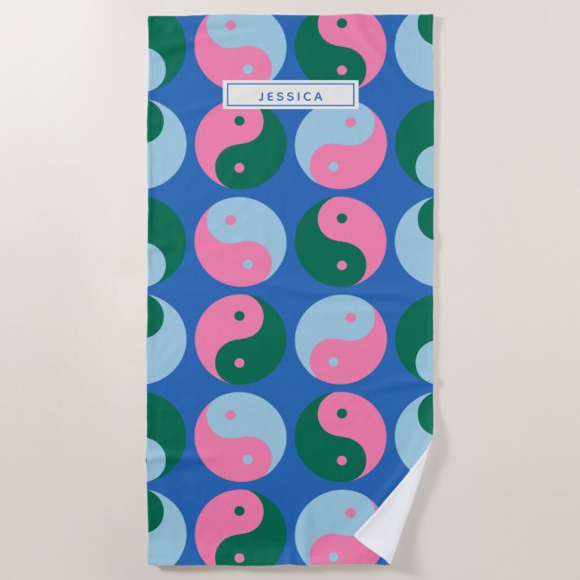 Colourful Cute Retro Yin Yang Blue Personalised Beach Towel (Front)