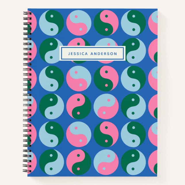 Colourful Cute Retro Yin Yang Blue Personalised Notebook (Front)