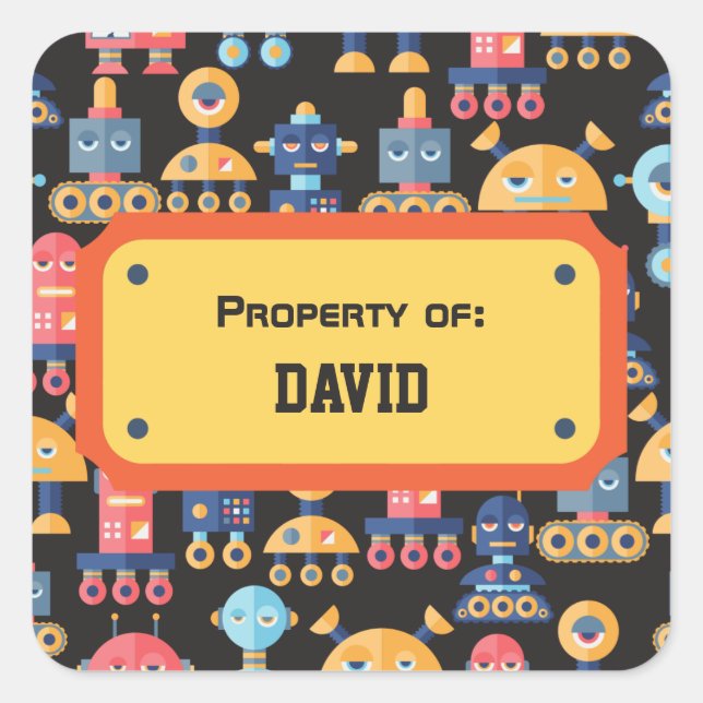 Colourful Cute Robot Pattern Personalised Square Sticker (Front)