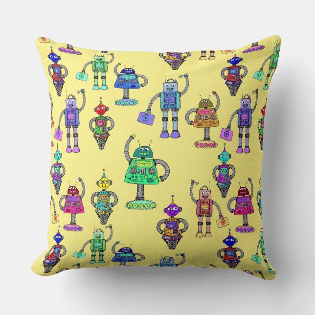 Colourful cute robots on a yellow background cushion (Front)